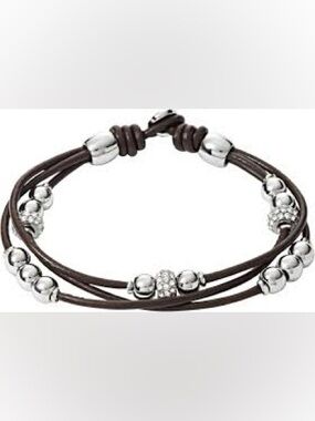 Fossil Brown Multi-Strand Leather Bracelet with Silver Beads